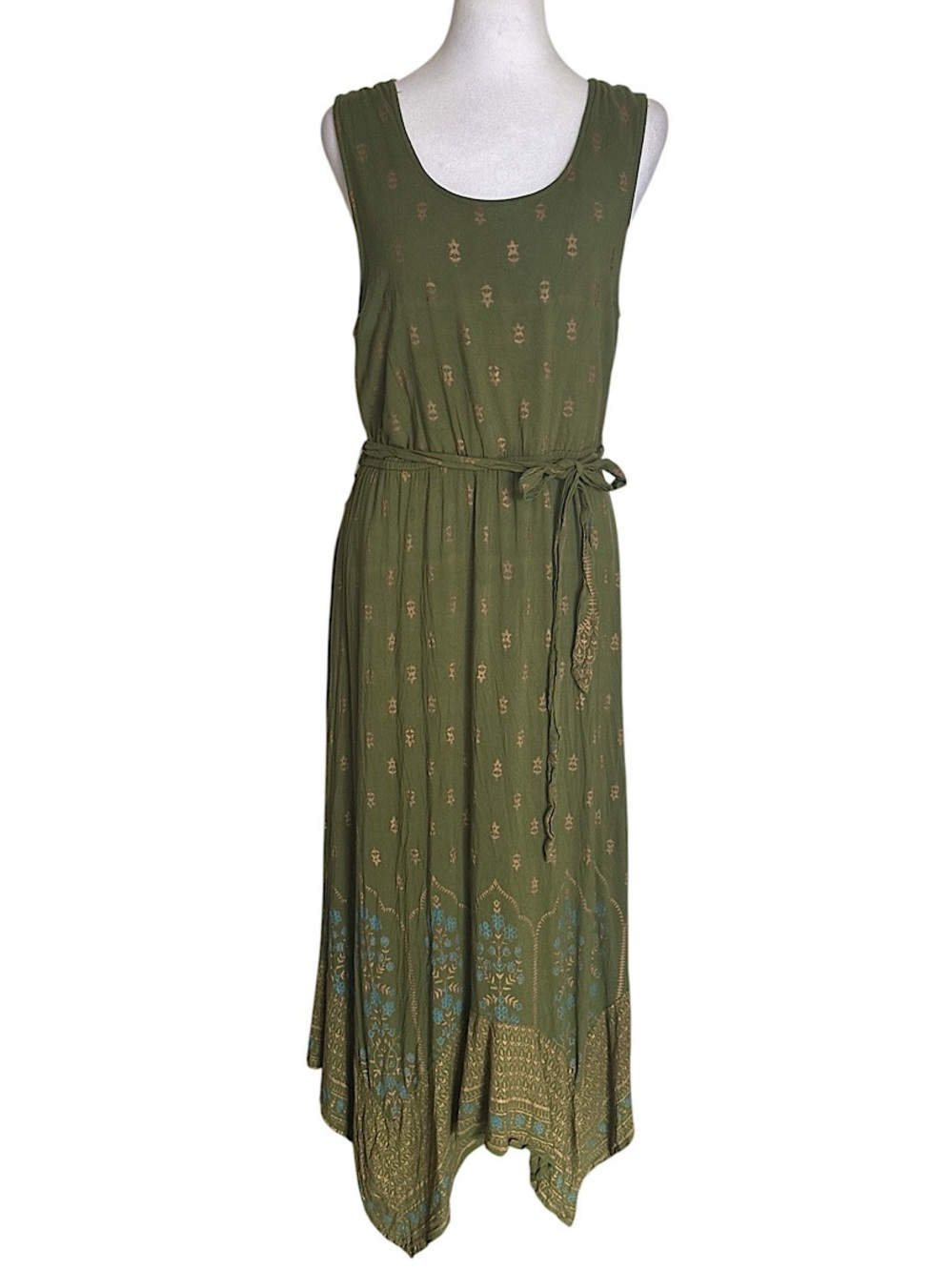 Lapogee Women’s Max Dress Sleeveless Asymmetrical Handkerchief Hem Green